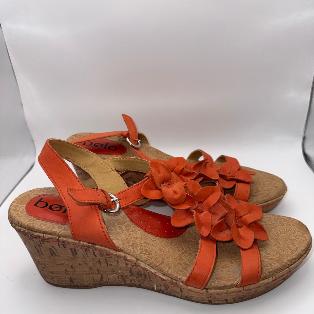 Bolo by Born Orange Leather Floral Cork Wedge Sandals Y2K Fairy Cottagecore Sz 9